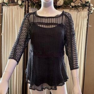 Sundance M Sheer Lace Paneled Navy Blouse